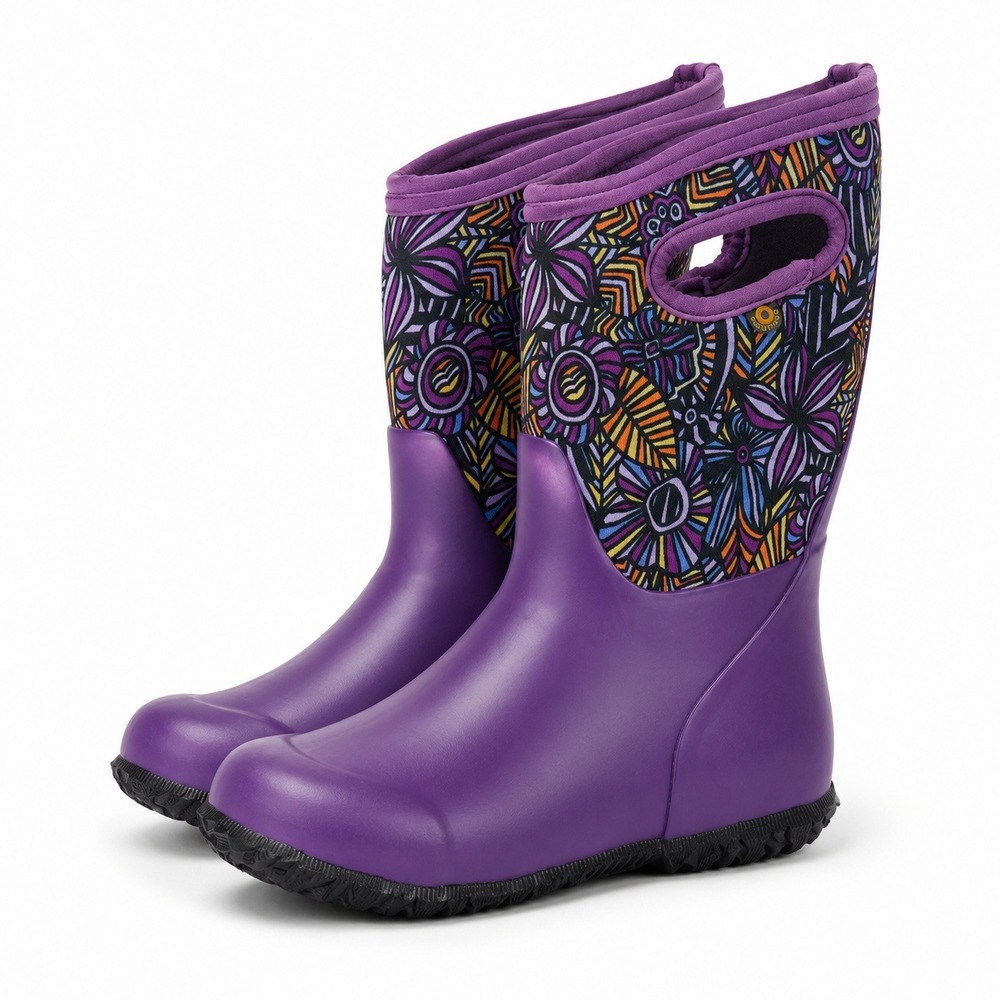 Bogs Snow Rain Boots Youth Girls sz 2 Purple Waterproof Insulated Floral Outdoor